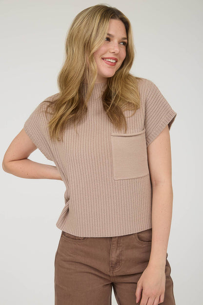 MOCK NECK POCKET DETAIL SHORT SLEEVE KNIT SWEATER