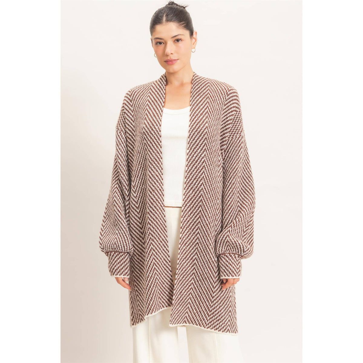 Herringbone Pattern Open-Front Cardigan