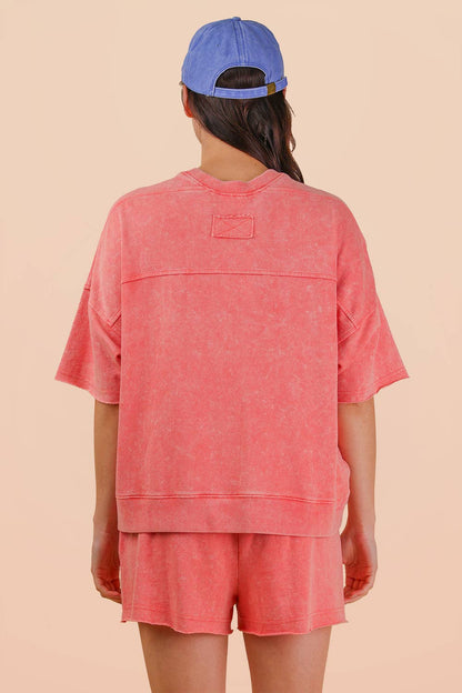NT12429SET-Mineral Washed Knit Casual Top & Shorts