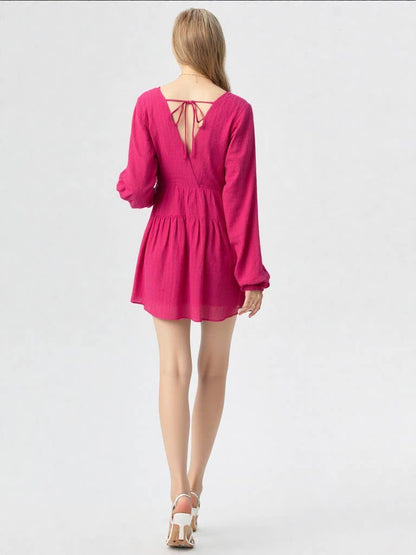 ND30996-Textured Woven Mini Dress W/ Back Tie