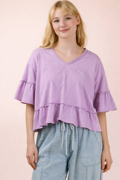 NT12430-Mineral Washed Ruffle Detail Knit Top