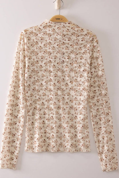 NT12220-High Neck Fitted Sheer Mesh Lace Knit Top