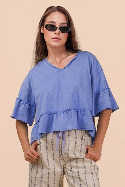 NT12430-Mineral Washed Ruffle Detail Knit Top