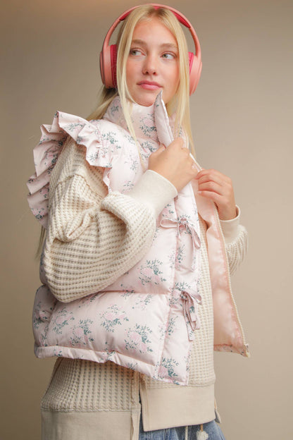 NJ90385-Front Bow Ruffle Sleeve Puffer Vest