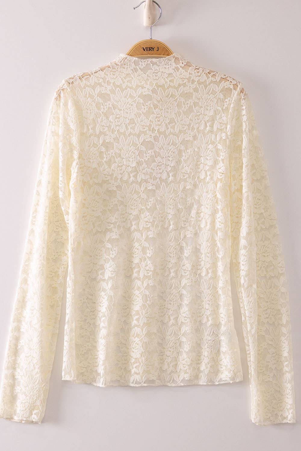 NT12220-High Neck Fitted Sheer Mesh Lace Knit Top
