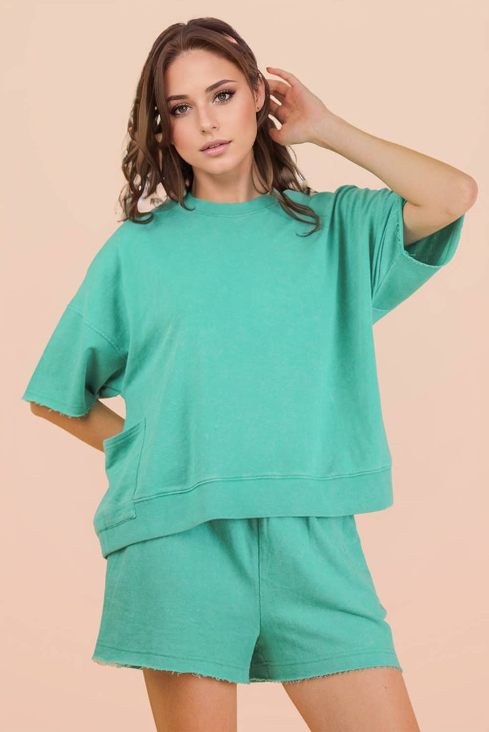 NT12429SET-Mineral Washed Knit Casual Top & Shorts
