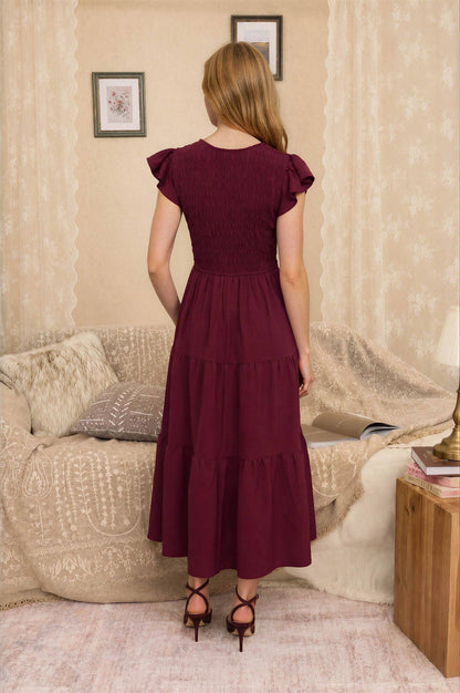 FLUTTER SLEEVE V NECK SMOCKED MIDI DRESS