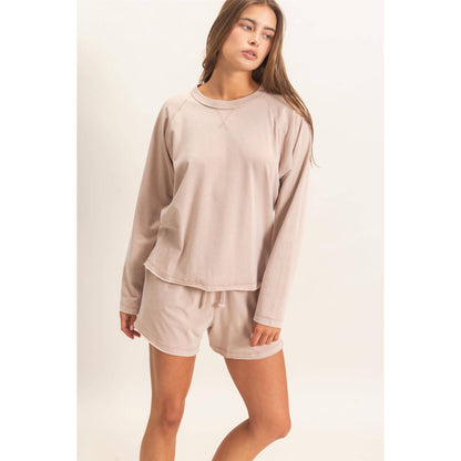 Mineral Wash Long Sleeve Raw Edge Top & Shorts Set