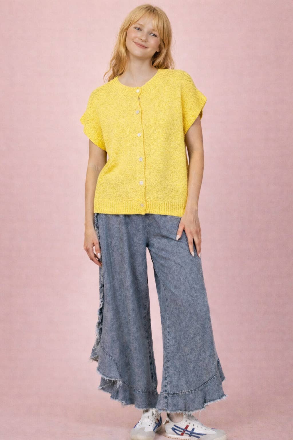 12W3653N-Button Down Solid Knit Summer Sweater Top
