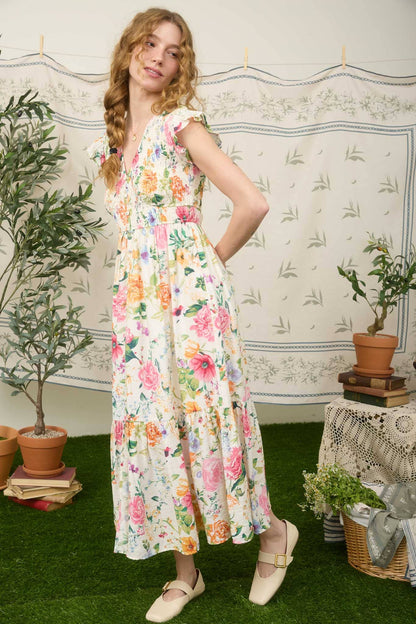 MULTI-COLOR FLORAL V NECK SMOCKED MIDI DRESS