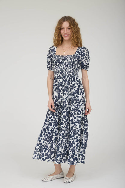 FLORAL PUFF SLEEVE SMOCKED TIERED MIDI DRESS