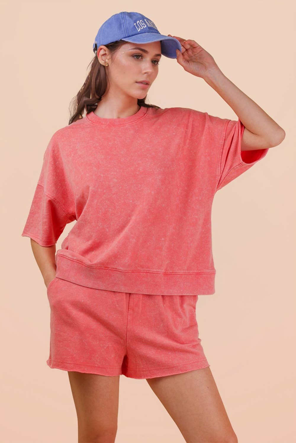 NT12429SET-Mineral Washed Knit Casual Top & Shorts