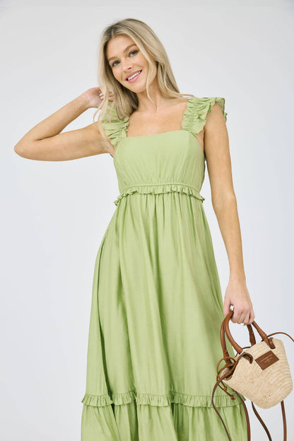 RUFFLE DETAIL EMPIRE WAIST SLEEVELESS MIDI DRESS