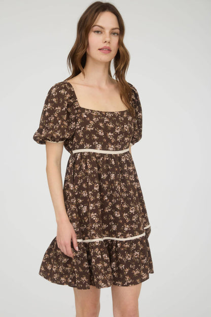 FLORAL CONTRAST TRIM DETAIL PUFF SLEEVES MINI DRESS