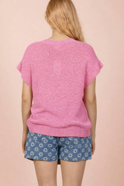 12W3653N-Button Down Solid Knit Summer Sweater Top