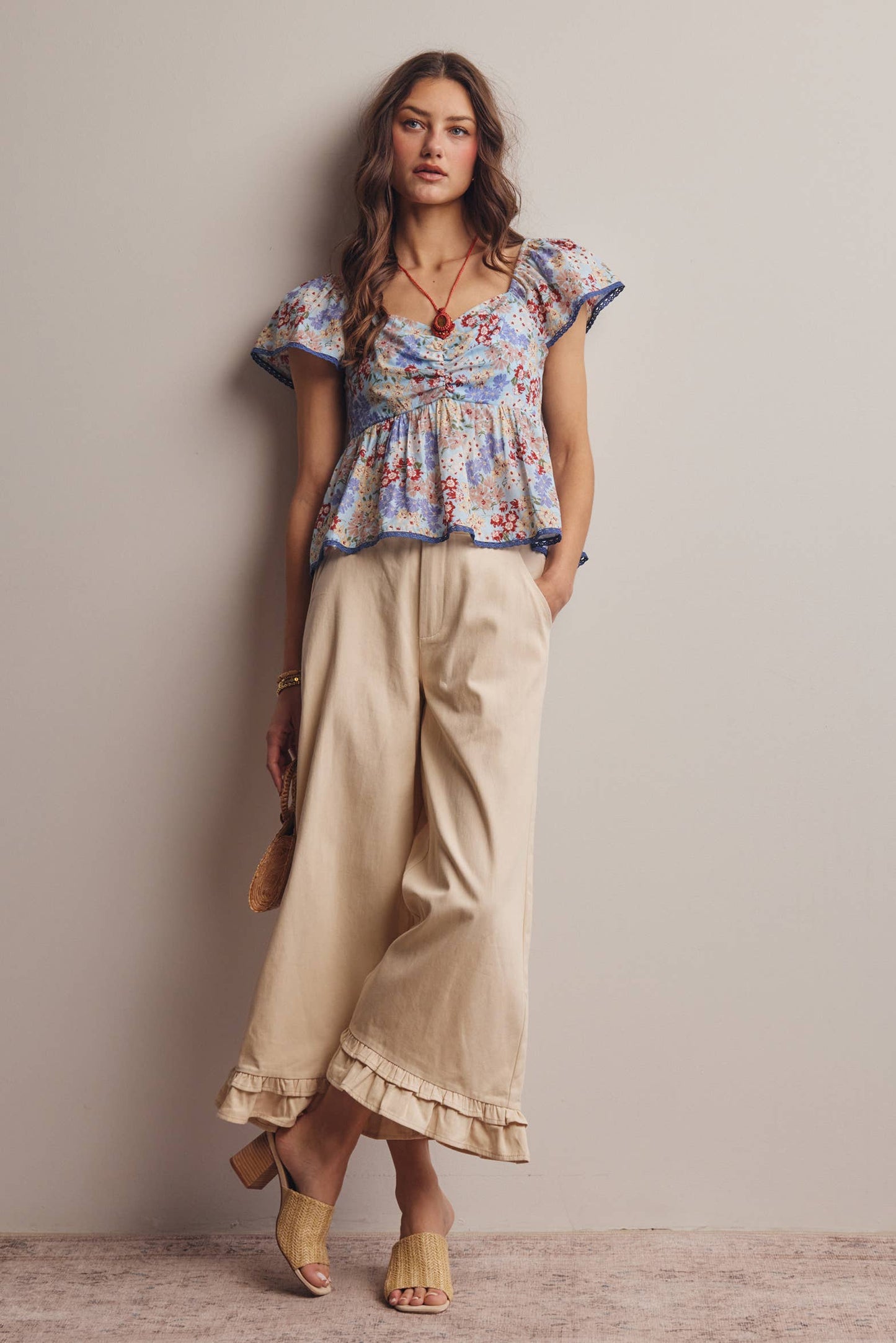 Floral Ruched Peplum Cotton Top FT0046