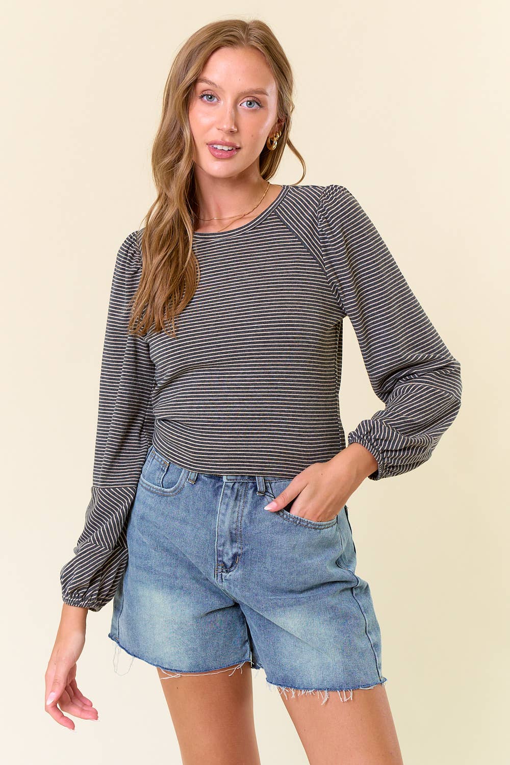 Round Neck Bubble Long Sleeve Striped Top