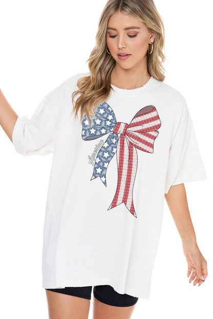 America Coquette Bow Ribbon Graphic Oversized Tee