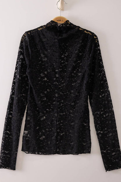 NT12220-High Neck Fitted Sheer Mesh Lace Knit Top