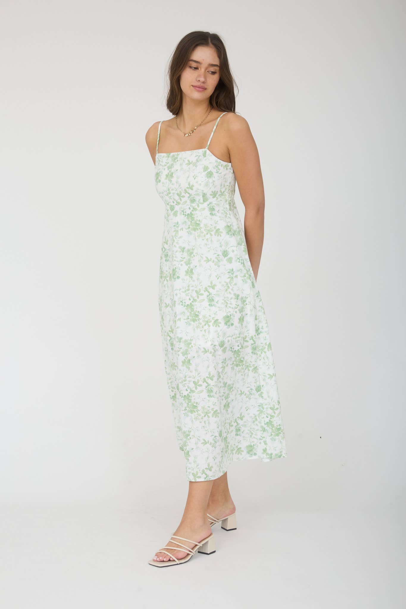 WATERCOLOR FLORAL SPAGHETTI STRAP MIDI DRESS