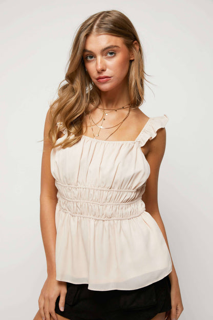 SOLID RUFFLED SMOCKED SLEEVELESS TOP