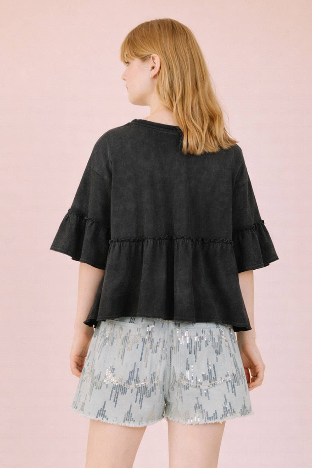 NT12430-Mineral Washed Ruffle Detail Knit Top
