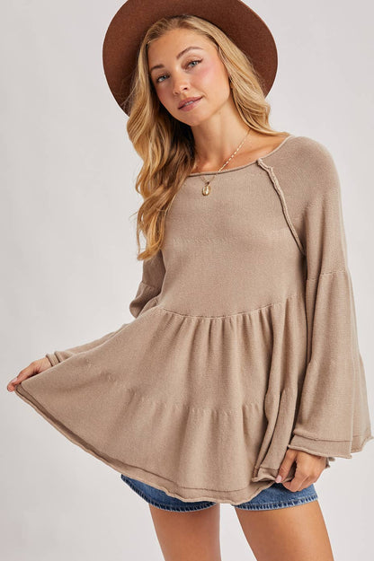 OVER STITCH TIERED BABY DOLL BELL SLEEVED SWEATER