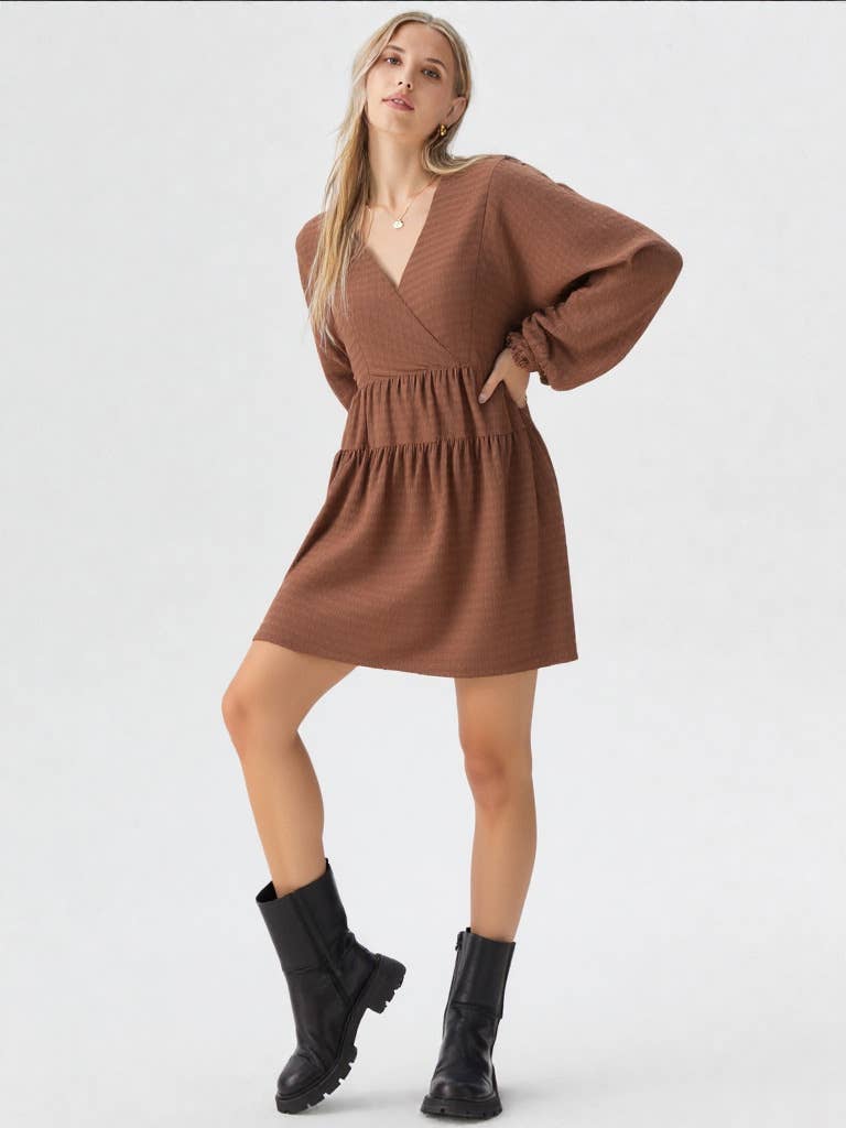 ND30996-Textured Woven Mini Dress W/ Back Tie