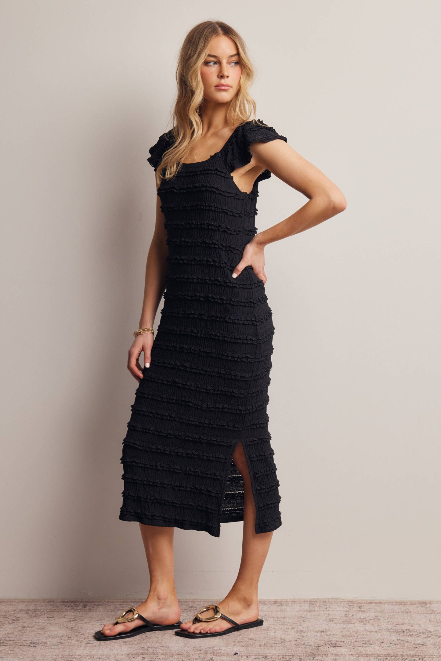 Smocked Ruffle Strap Midi Dress