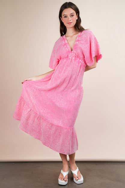 ND31584-Mineral Washed Elastic Neck Detail Midi Dress