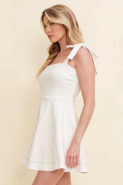 DENIM STRAP TIE MINI DRESS
