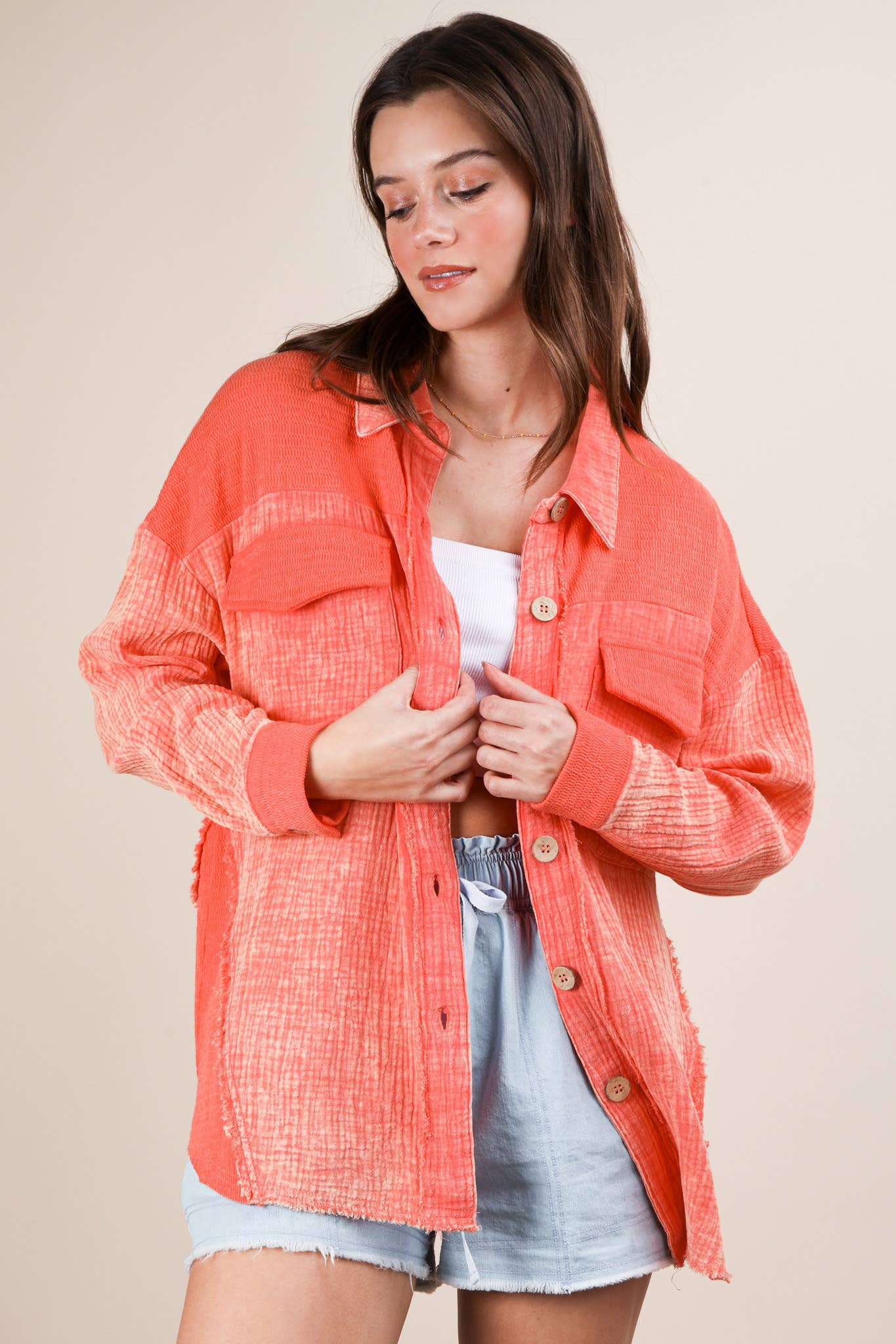 NJ90360-Mineral Washed Oversized Gauze Shacket Jacket