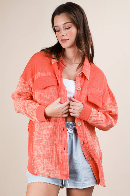 NJ90360-Mineral Washed Oversized Gauze Shacket Jacket