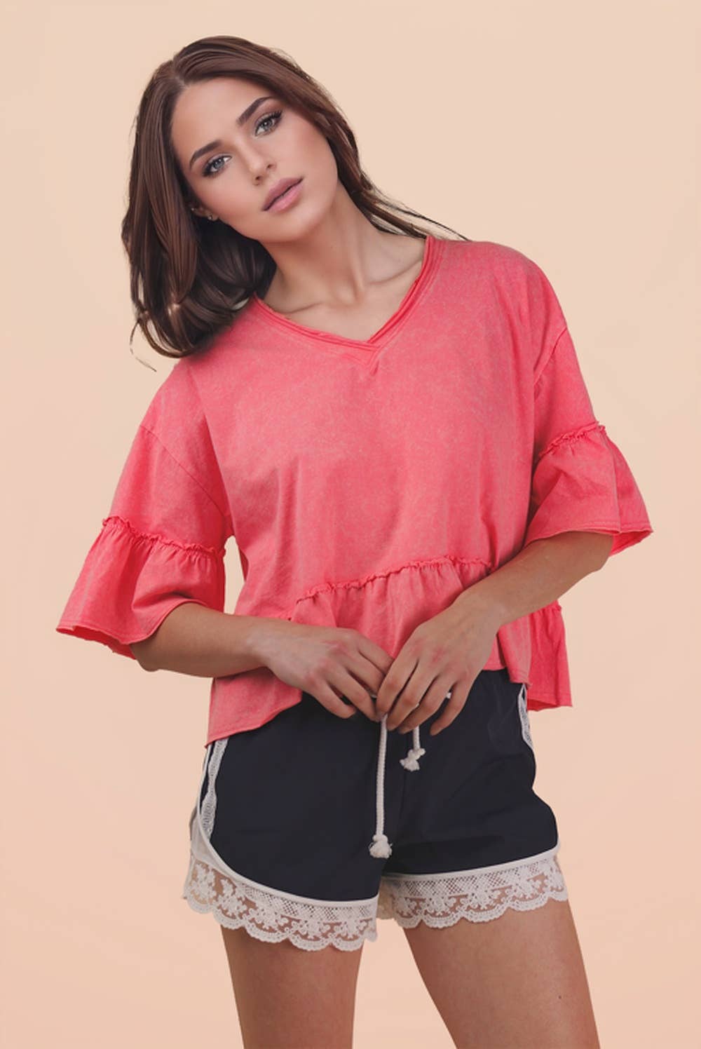 NT12430-Mineral Washed Ruffle Detail Knit Top