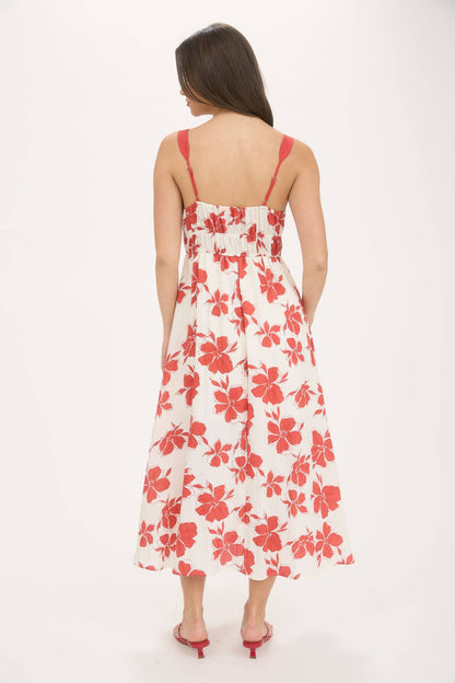 FLORAL SWEETHEART FRONT TIE WITH CUTOUT MIDI DRESS