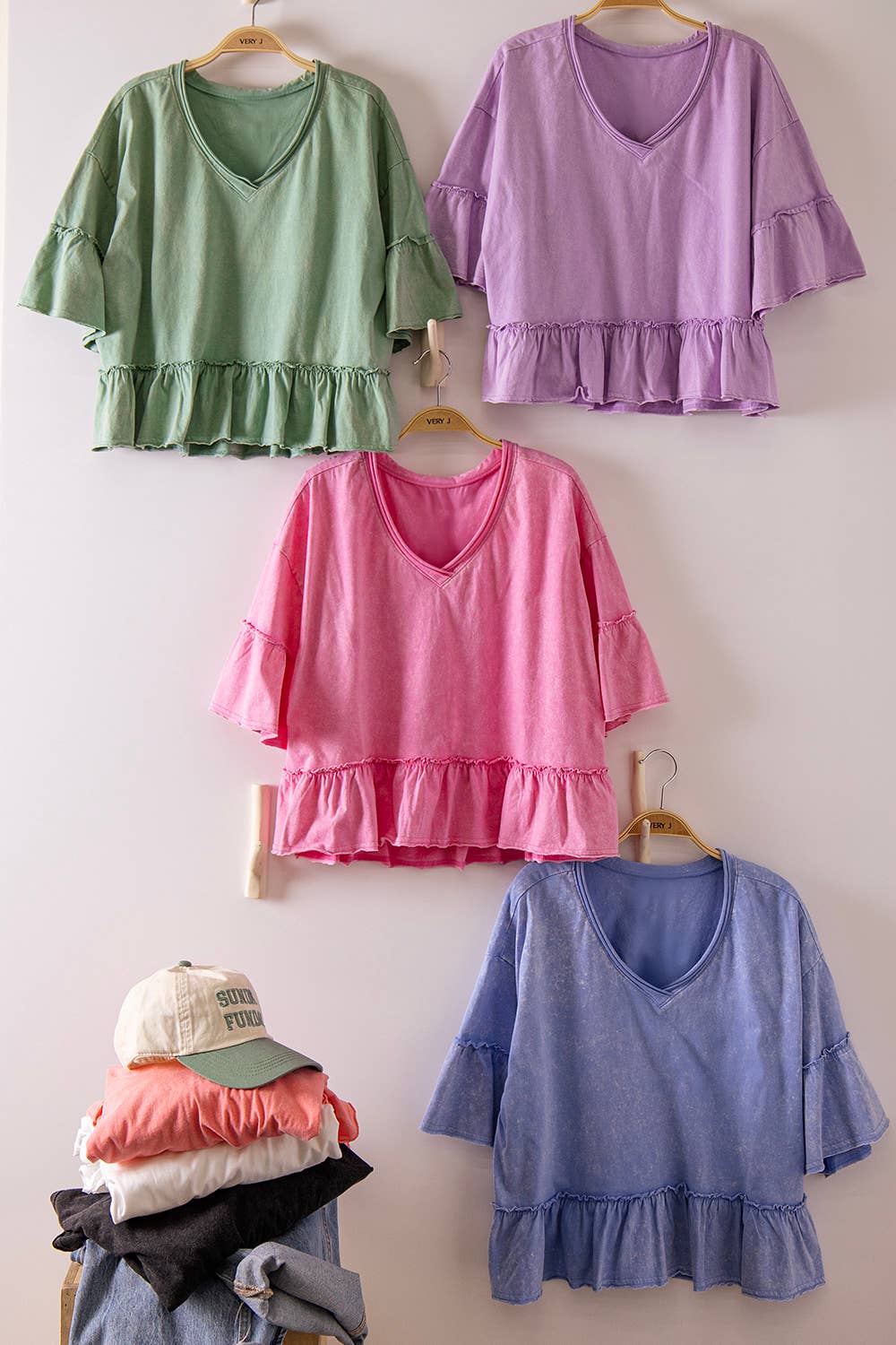 NT12430-Mineral Washed Ruffle Detail Knit Top