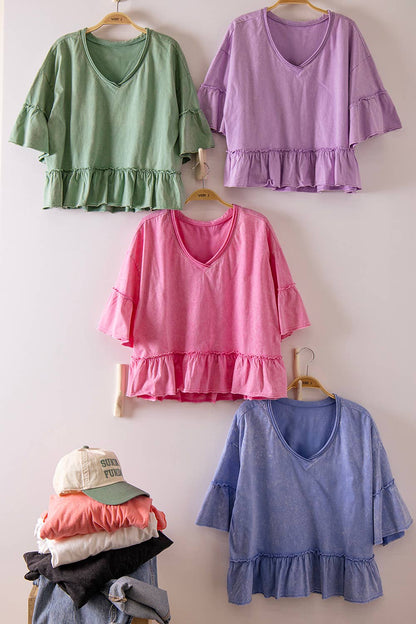 NT12430-Mineral Washed Ruffle Detail Knit Top
