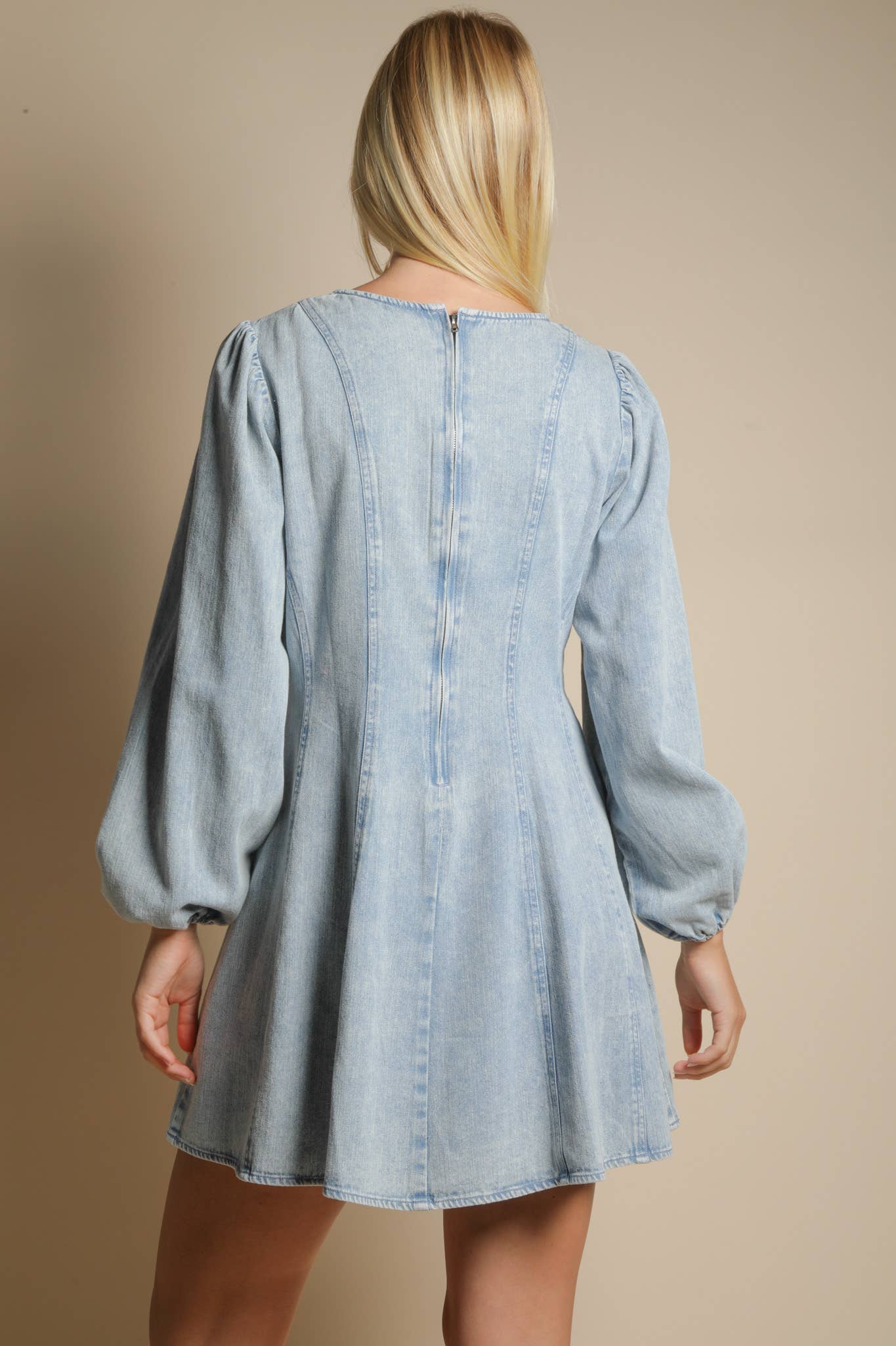 -Mineral Washed Denim Seam Detail Mini Dress