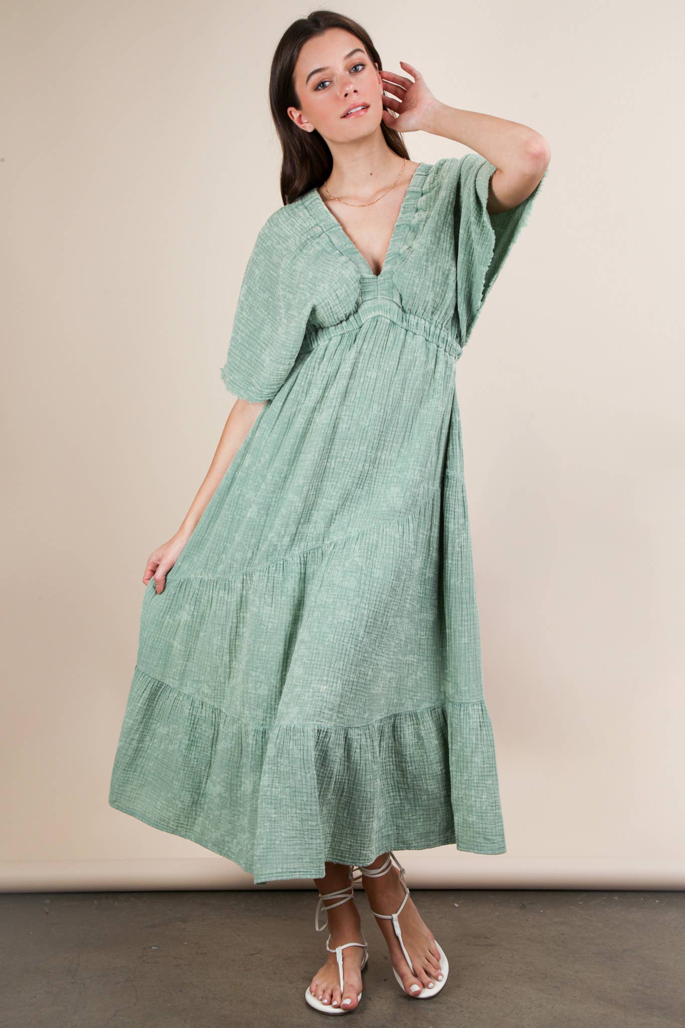 ND31584-Mineral Washed Elastic Neck Detail Midi Dress