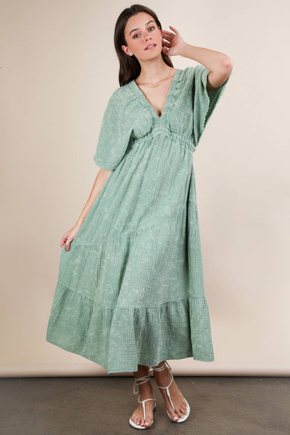 ND31584-Mineral Washed Elastic Neck Detail Midi Dress