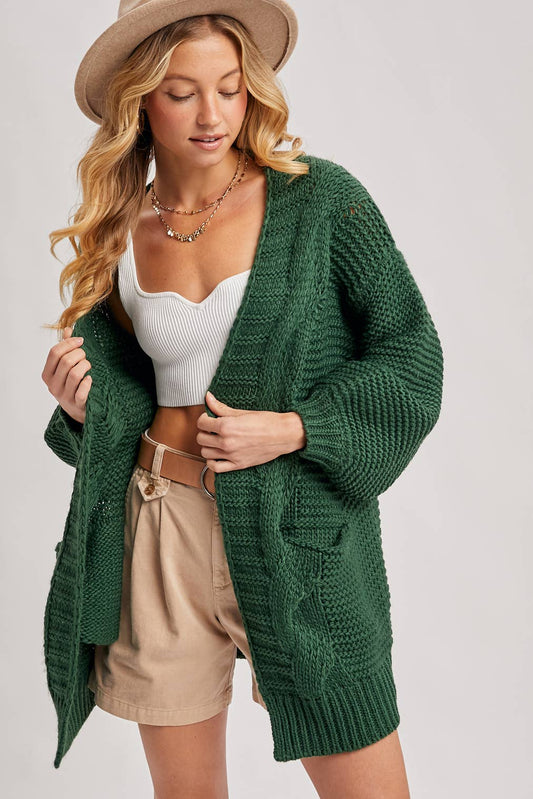 CHUNKY CABLE LANTERN SLEEVE CARDIGAN