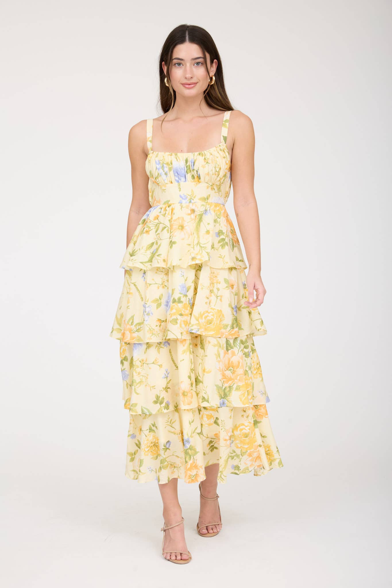 FLORAL SLEEVELESS RUFFLE TIERED SKIRT MIDI DRESS