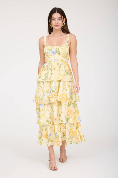 FLORAL SLEEVELESS RUFFLE TIERED SKIRT MIDI DRESS