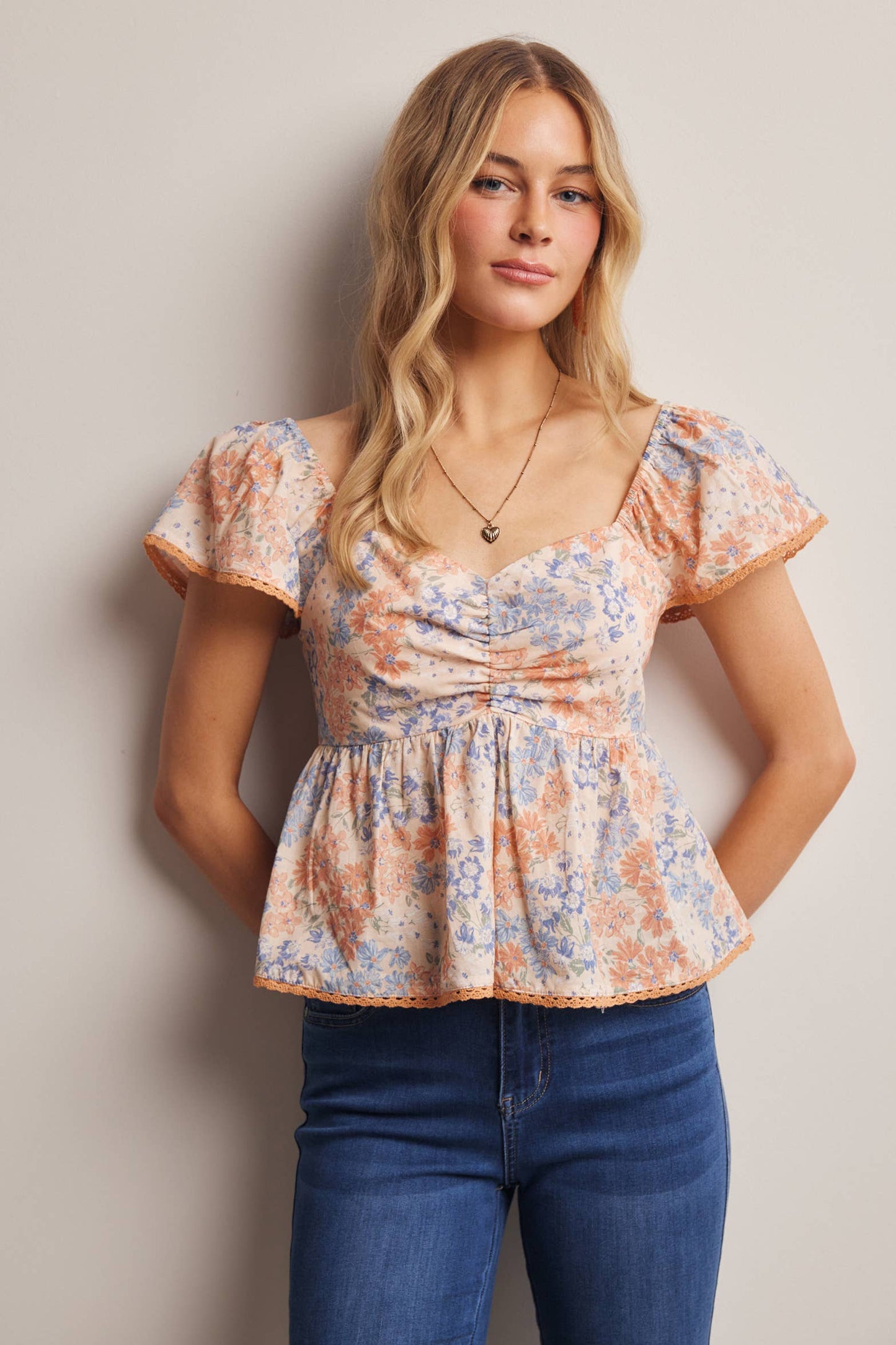 Floral Ruched Peplum Cotton Top FT0046
