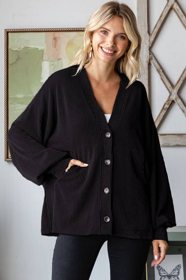 Solid Rib Drop Shoulder Button Balloon Sleeve Cardigan T5745