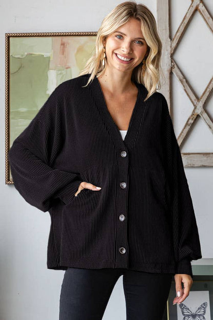 Solid Rib Drop Shoulder Button Balloon Sleeve Cardigan T5745