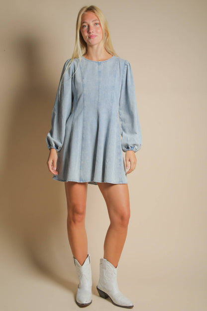 -Mineral Washed Denim Seam Detail Mini Dress