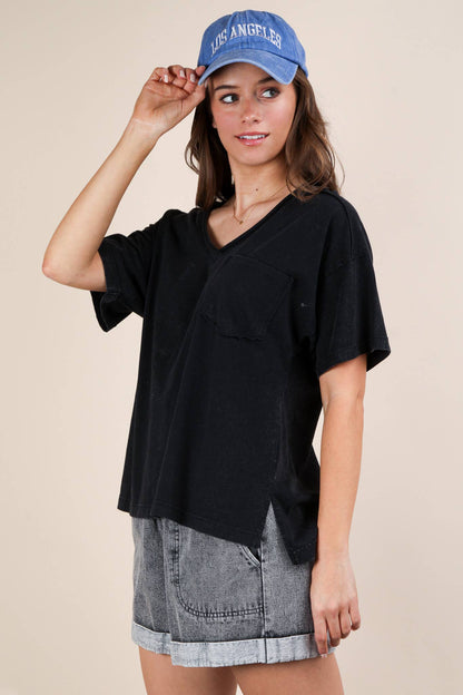NT11966X-PLUS SIZE Mineral Washed V-Neck Knit Top