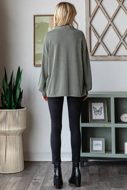 Solid Rib Drop Shoulder Button Balloon Sleeve Cardigan T5745