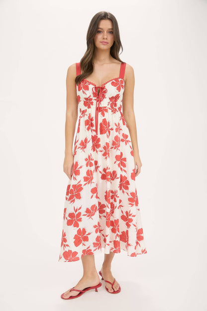FLORAL SWEETHEART FRONT TIE WITH CUTOUT MIDI DRESS